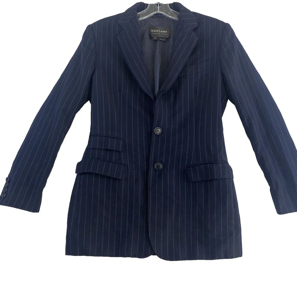 Vintage 1990s Ralph Lauren Collection Classics Sz 6 Blue Striped Wool SEE NOTES - Picture 2 of 14